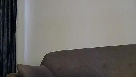 Media: A video of a minimalist, beige upholstered sofa against a plain, light beige wall. The sofa has a single cushion on the left, and a dark, patterned curtain hangs on the left side. The room's atmosphere is serene and modern.