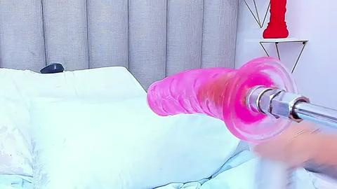 Media: Video of a person lying on a light blue bed with a grey tufted headboard. The person has a large, bright pink dildo inserted into their anus, visible from the side. A red vibrator stands on a white shelf in the background.