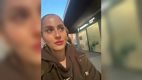 Media: Video of a woman with a shaved head, wearing a brown jacket, standing on a city sidewalk beside a store with lit signage. Background is blurred.