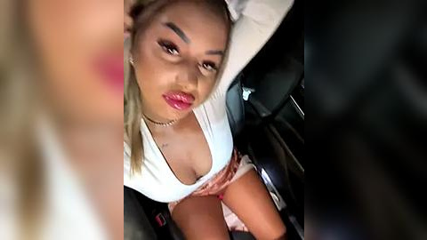 Media: Video of a Latina woman with light brown skin, wearing a white top, pink shorts, and bold red lipstick, sitting in a car, looking directly at the camera.