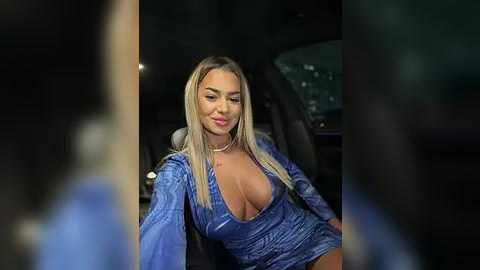 Media: Video of a young woman with long, straight blonde hair, wearing a low-cut, blue velvet dress, sitting in a car with a dark interior and blurred surroundings.