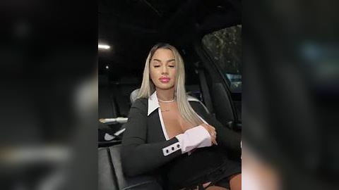 Media: Video of a blonde woman with light skin, wearing a black blazer and white shirt, adjusting her cleavage in a car, dim lighting, blurry background.