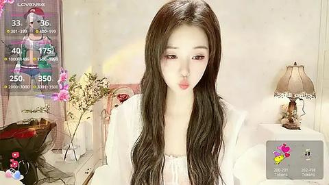 Media: A video of an East Asian woman with long, straight black hair, wearing a white blouse, sitting in a softly lit room with floral arrangements, a lamp, and a TV displaying game statistics.