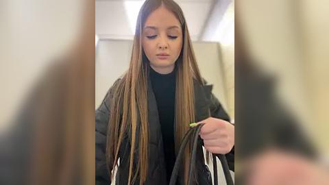 Media: A video of a young woman with long, straight, ombre hair, wearing a black puffer jacket and holding a pair of scissors, standing indoors with blurred background.