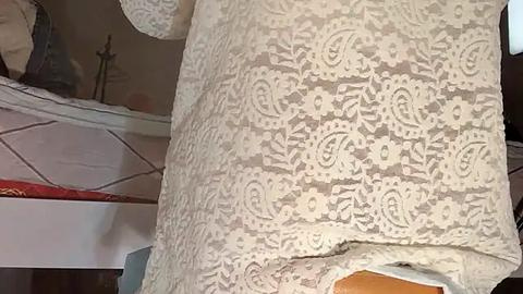 Media: Video of a partially unrolled, intricately patterned, cream-colored lace fabric with a textured, floral design, featuring a section with an ornate, handwritten \"Happy Birthday\" message. The background includes a red and white patterned tablecloth and a partially visible chair.