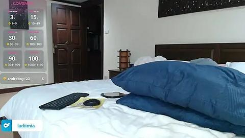 Media: Video of a modern bedroom featuring a neatly made bed with blue pillows and a black remote on the white sheets. A smart thermostat and wooden door are visible in the background.