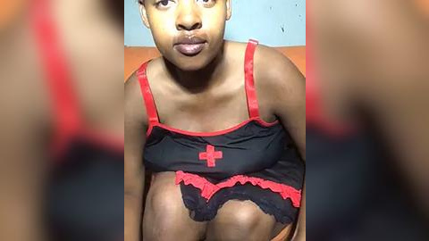 Media: Video of a young Black woman with a slender build, wearing a revealing black lingerie set with red accents. She has short, curly hair and is sitting on a bed, with a blurred background.