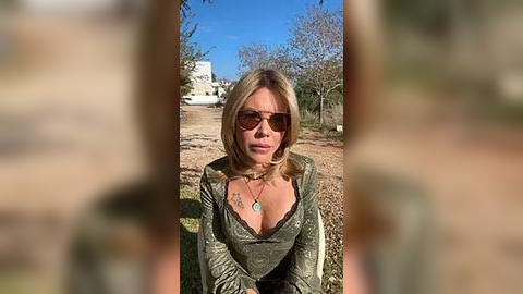 Media: Video of a blonde woman with shoulder-length hair and aviator sunglasses, wearing a green patterned dress, seated outdoors on a dirt path with a blue sky background.