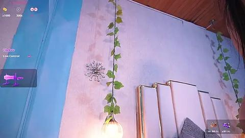 Media: Video of a whimsical room with a purple wall, green ivy, a hanging light bulb, and a wooden ceiling.