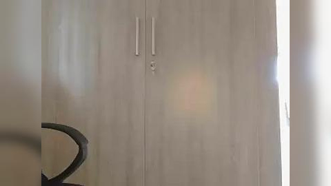 Media: Video of a minimalist, modern closet with smooth, light-colored wooden doors and sleek, silver handles. The background features a white wall with a large, circular mirror partially visible on the left side. The lighting is soft and natural, enhancing the clean, contemporary aesthetic.