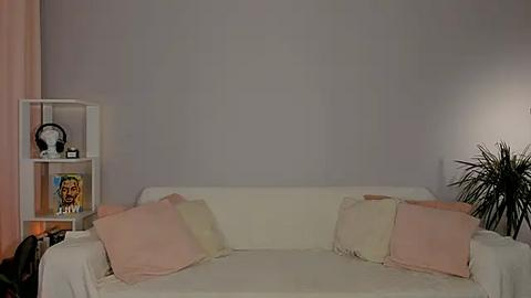 Media: Video of a minimalist living room with a white couch adorned with two pastel-colored pillows, a white shelf displaying a Buddha statue, and a potted plant in the corner.