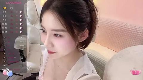 Media: A video of an East Asian woman with fair skin, dark hair tied back, wearing a white blouse, looking down with a neutral expression. Background shows a white chair and a soft pink wall.