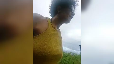 Media: Video of a middle-aged woman with curly hair, wearing a yellow tank top, smiling outdoors in a foggy, misty landscape with grass and a distant ocean.