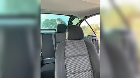 Media: Video of a car interior featuring a textured gray fabric seat with a black headrest, and a side view of the window showing a blurred green landscape outside.