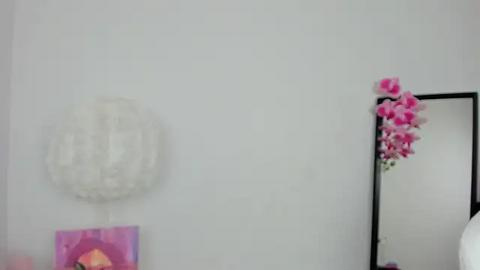 Media: Video of a minimalist room with white walls. A large, white, textured globe hangs on the left, a pink flower arrangement decorates the mirror on the right, and a pink painting is partially visible on the lower left.