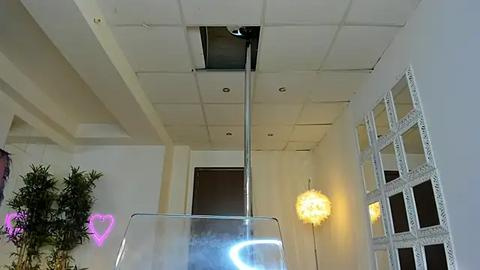 Media: Video of a modern, well-lit room with white ceiling tiles, a central pole, a heart-shaped pink neon sign on the left, and a white decorative mirror with grid pattern on the right.