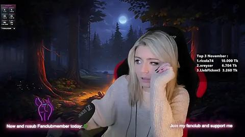 Media: A digital photo of a blonde woman in a beige sweater, looking pensive with a hand to her cheek, set in a dark, forested night scene with a full moon.