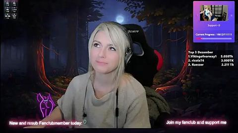 Media: Video of a blonde woman in a beige shirt, sitting in a dimly lit forest with a black backpack, wearing headphones, and a Twitch overlay showing chat messages.