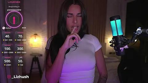 Media: Video of a young woman with long dark hair, wearing a tight white top, seductively licking her fingers in front of a blue and green microphone, in a dimly lit room.