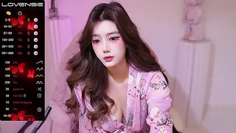 Media: Video of an Asian woman with long, wavy brown hair, wearing a pink floral robe, sitting on a bed with a purple background, displaying a live stream overlay.