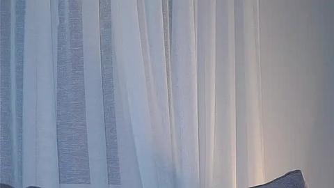 Media: Video of sheer, light blue curtains with vertical stripes and soft lighting, creating a serene, minimalist aesthetic. The background is a smooth, light-colored wall.