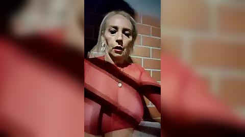 Media: Video of a blonde woman in a sheer red top, sitting in a red brick building, wearing earrings, with a blurred brick wall in the background.