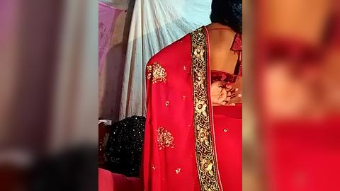 Media: Video of a red saree with gold embroidery, draped over a person, partially visible in a blurred background. The saree's intricate patterns and the person's blurred form suggest a traditional Indian setting.