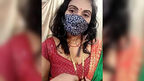 Media: A video of an Indian woman with a fair complexion, wearing a red saree with intricate designs, a blue face mask, and a red bindi. She has long, curly black hair and is smiling.