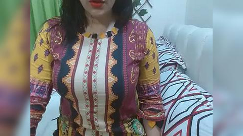 Media: Video of a woman with fair skin and shoulder-length black hair, wearing a colorful, intricately patterned traditional blouse with long sleeves, and a red and white striped skirt, sitting on a bed with white sheets and a zebra-patterned blanket.