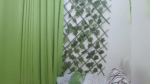 Media: A video of a nursery corner with a light green wall, a large green curtain, a decorative plant wall, a striped pillow, and a small crib.