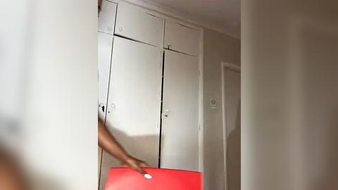 Media: A video shows a person with light skin and dark hair, wearing a white t-shirt, reaching into a white, vertical, metal cabinet in a dimly lit room with beige walls and a red object partially visible.