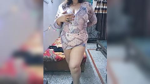 Media: A video shows a plus-size woman with dark skin, medium build, and dark hair in a long braid. She wears a loose, patterned pink shirt and no pants, revealing her thighs. The background features a colorful patterned couch and a black metal railing.