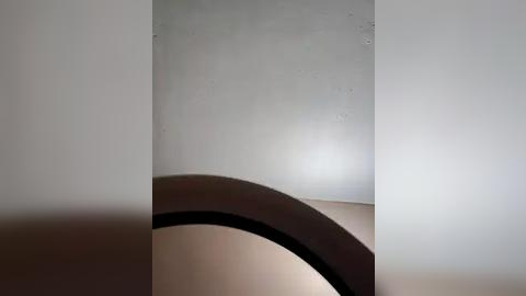 Media: Video of a minimalist, plain white wall with a slightly curved, black-framed mirror reflecting part of the wall and a wooden surface below. The image lacks color, emphasizing the stark contrast between the mirror and the wall.