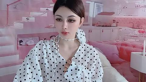 Media: Video of a young East Asian woman with fair skin, straight dark hair, and large eyes, wearing a white polka-dotted shirt, sitting in a pastel pink room with a tufted sofa, pink stairs, and decorative elements.