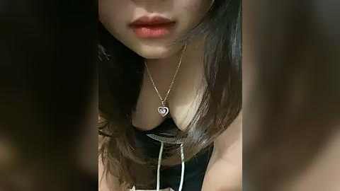 Media: A video of a woman with long, dark hair, fair skin, and full lips, wearing a black top and silver necklace. The image is blurry, with the focus on her face and upper chest.