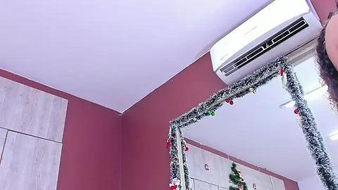 Media: Video of a room with red walls, white ceiling, and a white air conditioning unit. Decorated with festive green garland, red ornaments, and a small Christmas tree in the background.