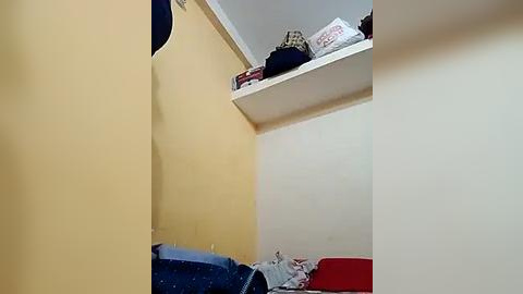 Media: Video of a small, narrow, yellow-walled room with a white shelf holding a backpack, a folded garment, and a red cushion. The floor is cluttered with clothes and a blue blanket.