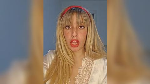 Media: A video of a blonde woman with a red headband, wearing a white lace-trimmed robe, with a shocked expression, blurred hands in the foreground.