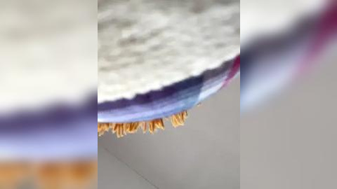 Media: A close-up video of a rug's fringed edge, showcasing a textured, gray-and-white patterned surface with golden-yellow fringes. The blurred background reveals a neutral-colored wall.