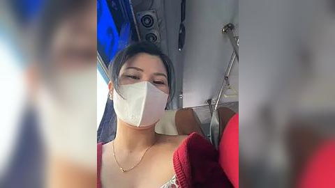 Media: Video of an Asian woman in a red top, wearing a face mask, seated in an airplane cabin, with blurred passengers in the background.