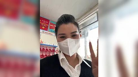 Media: Video of a woman in a white mask, black cardigan, and white shirt, taking a selfie in a colorful classroom with red and white decorations, blurred background.