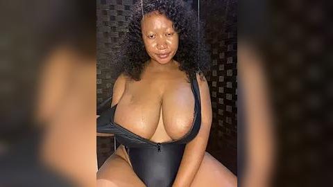 Media: Video of a Black woman with large breasts wearing a black, unzipped one-piece swimsuit in a tiled shower.