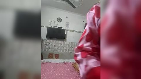 Media: Video of a cluttered, dimly lit room with a red bedspread, a TV on the wall, and a ceiling fan, featuring a blurred person in the foreground.