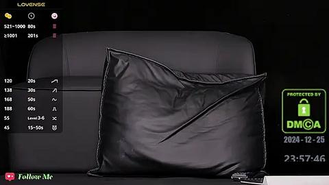 Media: Video of a black leather sofa with a single, folded black leather cushion placed on it. The background is dark, and the image has a \"DMCA Protected\" watermark in the lower right corner.