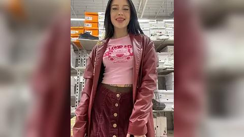 Media: Video of a smiling woman with long black hair, wearing a pink crop top and maroon skirt, standing in a cluttered, brightly lit storage room with shelves of boxes.