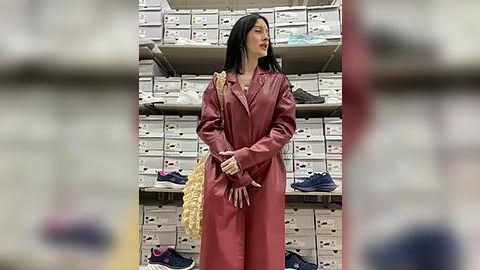 Media: Video of a woman in a maroon leather trench coat, standing in a shoe store filled with neatly stacked boxes of shoes.