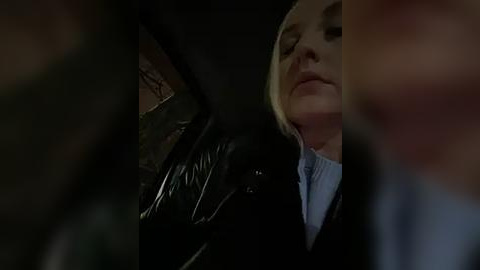 Media: A dimly lit video shows a blonde woman with a solemn expression, wearing a black leather jacket and a blue shirt, seated in a car. The blurred background suggests an intimate, possibly tense moment.