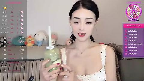 Media: Video of a young Asian woman with pale skin, dark hair, and red lipstick, holding a green smoothie bottle, smiling. Background includes a calendar, plush toys, and a purple \"LadyNeko\" banner.