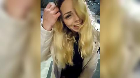Media: Video of a blonde woman with long, wavy hair, smiling and raising her hand to her hair. She wears a beige jacket over a black top, indoors with blurred background.