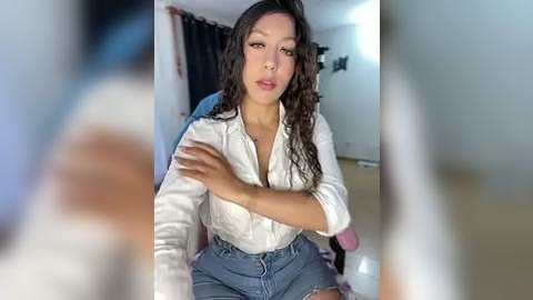 Media: A video of a young woman with curly hair, wearing a white blouse and denim shorts, sitting cross-legged on a chair, with a blurred background.